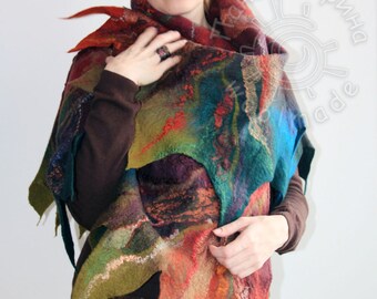 Felted Scarf Wild Forest Nuno Felt Silk Eco Shawl