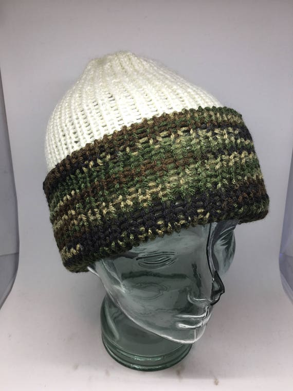 Slouchy reversible camouflage /camo and cream hand knitted hat