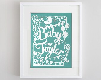 8 1/2 x 11 in Custom Papercut for Baby shower, Birthday, nursery decor and gift