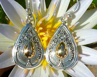 Sterling Silver and 18K Gold Earrings, Silver and Gold Jewelry, two tone Earrings,Granulation Drop Earrings,Sterling Silver with Gold Accent