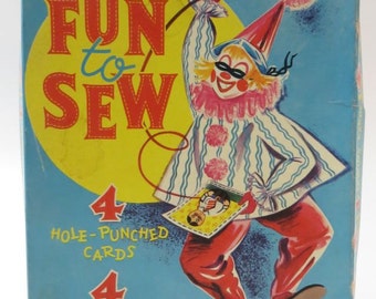 1960 Whitman Fun to Sew Set, Lithograph Hole Punched Cards and Yarn Laces
