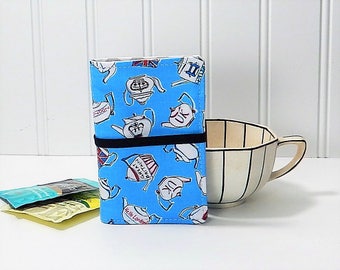 Tea wallet - British teapot design tea caddie - blue wallet for teabags - 4 pockets - gift for tea lover - tea drinker gift