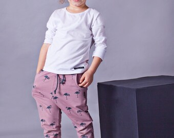 Handmade kids trousers FLAMINGOS. Toddler pants. Pink pants. Girl pants. Cotton clothes. Made in Poland.
