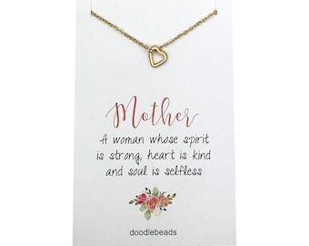 Mom Gift, Mother Necklace, tiny open heart necklace, simple floating heart charm necklace, carded necklace gift with message for mothers
