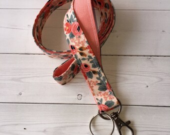Rosa peach Lanyard / ID Holder with lobster claw clasp - coral teachers gift floral lanyard flower lanyard
