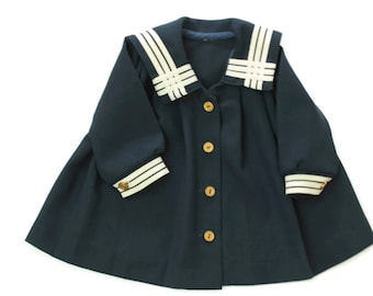 Vintage Infant Girls Classic Sailor Dress in Navy Blue and White