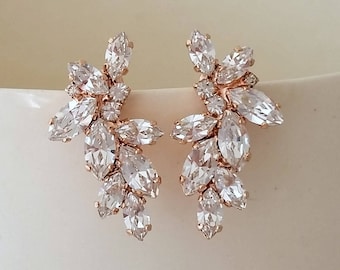 Bridal rose gold earrings,Swarovski Crystal earrings,Bridal Cluster Studs,Swarovski Bridal earrings,White Crystal Vintage Earrings,Gatsby