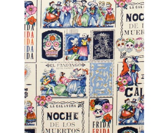 Day of the Dead Frida Baile de Calaveras in Marine 100% Cotton Fabric, Tea background by Alexander Henry
