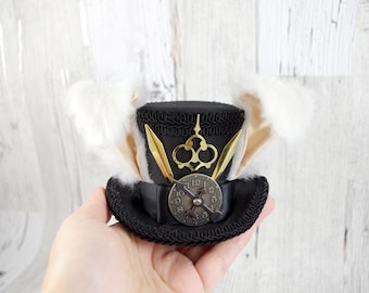 White Rabbit Black and Gold Steampunk Small Mini Top Hat Fascinator, Alice in Wonderland, Mad Hatter Tea Party, Derby Hat