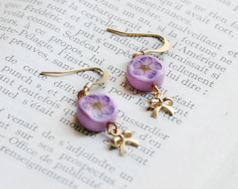 Purple and pink flower earrings with polymer clay