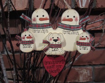 Grandparent Personalized Ornament, family ornament, personalized snowman ornament, Grandparents Melt Our Hearts, Personalized family of five