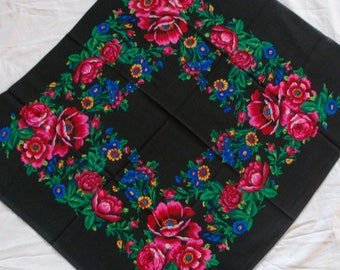 Soviet Vintage Russian Deep Black Shawl With Floral Design Women Head Wool Floral Grass Head Kerchief Folk Art Scarf Soviet all-season scarf