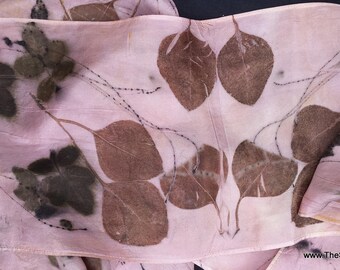 Lavender Silk Scarf, eco-printed with maple, rose and eucalyptus leaves by artist, all natural, sustainable, renewable fashion art, 8" x 72"