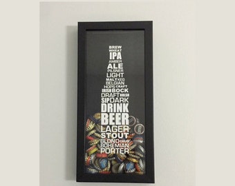 Bottle Cap Holder Shadow Box - Styles of Beer Typography Design - Black (6" x 14") - Vinyl Decal Gifts, Home Bar Accessories