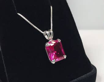 GORGEOUS 7ct Emerald Cut Pink Sapphire Necklace Sterling Silver Pendant 18" Trending Jewelry Gift Mom Fiancé Bride Wife Daughter September