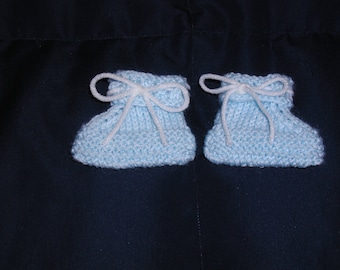 Knitted Baby Booties in Blue with White Yarn Ribbon