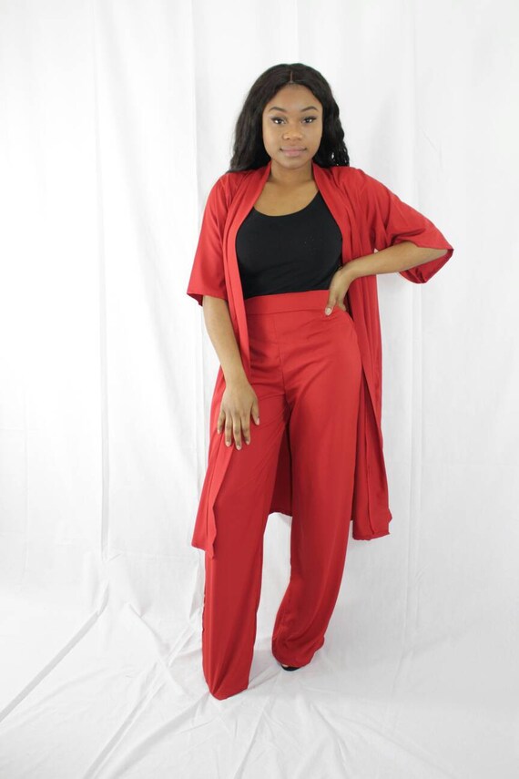 Rhema Coral Red Plain Women's Kimono Trouser Pant Suit
