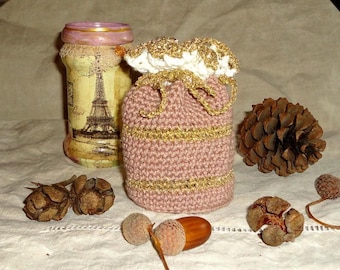 Hand made crochet cotton taupe pink sparkly gold purse