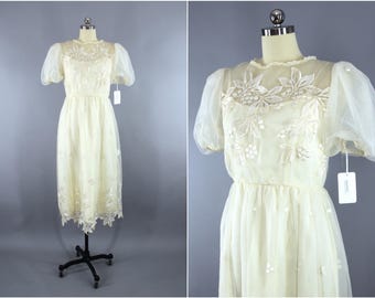Vintage 1980s Lace Dress / 80s Chiffon Dress / Ivory Embroidered Party Dress / Lace Illusion / Courthouse Destination Wedding