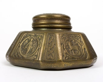 Tiffany Studio Arts & Crafts Gorgeous 1905 Antique Bronze Inkwell "Zodiac"