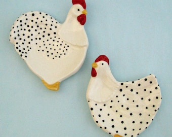 Ceramic White Chicken Hen and Rooster Set Tea Bag Holder or Spoon Rest Country Farm Kitchen Decor