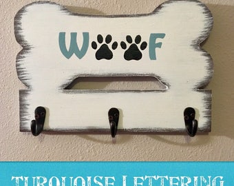 3 Hook/Bone Shaped Wooden Dog Leash Holder/Hooks/Distressed/Rustic/Woof/Personalized/Dog Lover Gift/Walk the Dog/Handmade