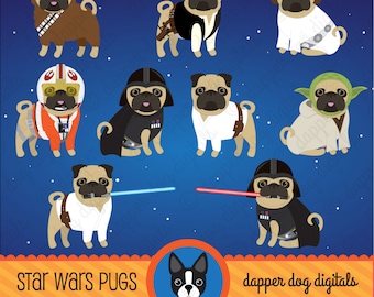 Pug Clipart Star Wars Set - Commercial Use, Vector Images, Digital Clip Art, Digital Images