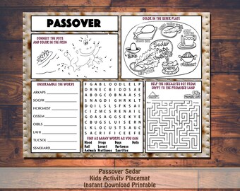Kids Passover Pesach Activity Printable Placemat Instant Download