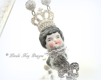 The Queen Fleur De Lis Necklace Wearable Art Doll Pendant OOAK Statement Necklace Assemblage Necklace Lorelie Kay Original