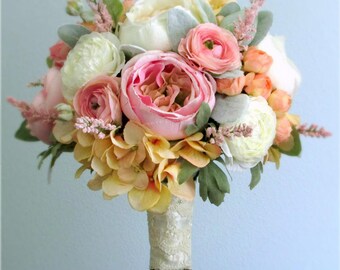 Pink, Peach, Green, Ivory, Silk Flower Bridal Bouquet, Roses, Ranunculus, Hydrangea, Heather, Lamb's Ear Leaf, Spring Summer Wedding, "Cora"