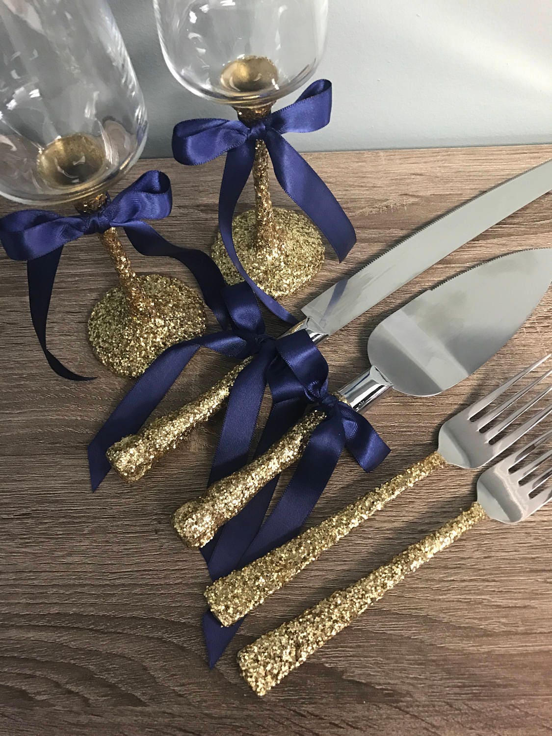 Glitter Wedding Cake Server set Toasting Glasses Cake Forks