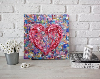 Pink Heart Painting 12", Colorful Wall Art Canvas, Acrylic Textured Abstract Heart Painting, Palette Knife Art, Impasto, Impressionist Art
