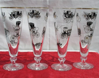 Vintage Libbey Antique Auto Horseless Carriage Pilsner Glasses -