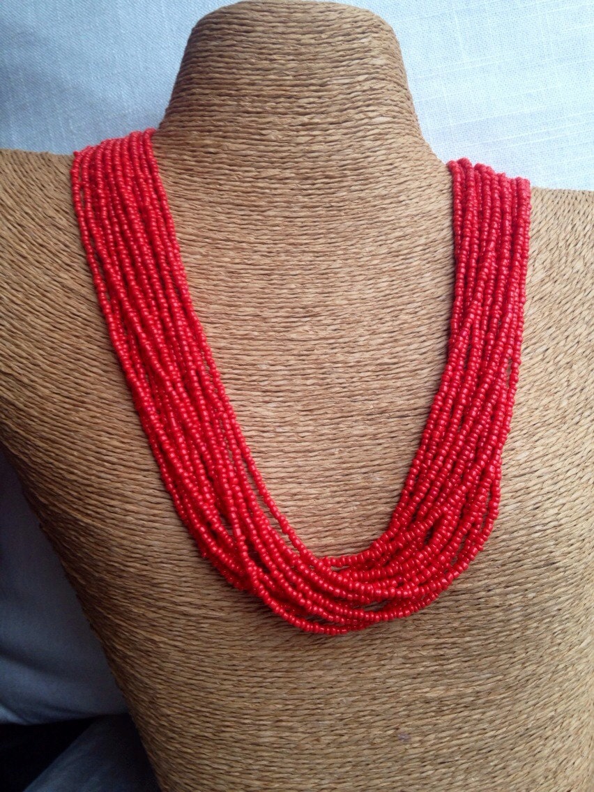 Red beaded necklace red seed bead multi-strand necklace red