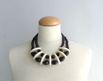 Cream black bib necklace, colourful chunky necklace, modern tribal necklace, statement black ivory necklace