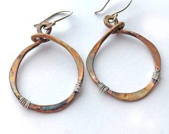 Boho Earrings, Large hoop Earrings, Mixed Metal Earrings, Tribal Earrings, Hammered Hoop Earrings, Tribal Earrings, Gift for Her, Earrings