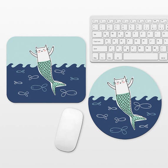 Cat Mermaid Mouse Pad Round or Rectangle, Cat Mouse Pad Mermaid Mousepad Cat Mousepad, Waves Ocean Mouse Pad, Cute Mouse Pad, Aqua Navy Blue