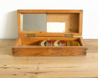 Vintage wooden primitive box theatre makeup.Storage box lid.Catchall.Wedding keepsake box.Desk organizer.Jewelry box.Bathroom storage