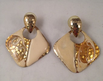 Vintage Gold and Ivory Enamel Post Earrings, 1.75 Inches Long & 1.5 Inches Wide Previously 14 Dollars ON SALE
