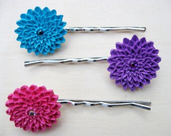 Flower Bobby Pins, Flower Hair Pins, Bobbie Pins,Pink, Purple, Blue Hair Pin, Hair Slides, Teen Hair Accessories, Girls Hair Clip