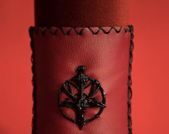 Gothic Fantasy Larp leather wrist strap. Black metal reversed Pentagram.