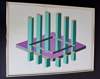 Mid Century Modern Op Art Print Signed Dated Numbered by Chalf 1970 23/75 Purple