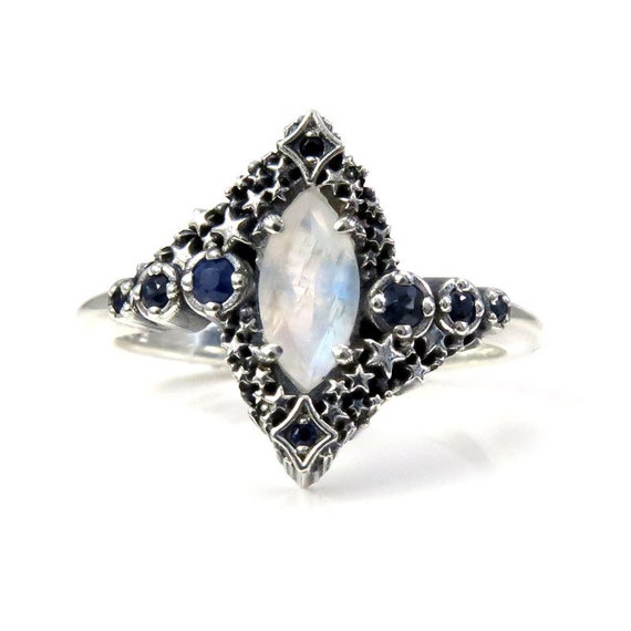 Rainbow Moonstone and Sapphire Stardust Engagement Ring - Silver Silver - Pick Your Center Stone