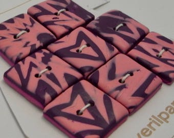 Handmade Square Buttons Pink and Purple 20mm