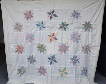 Queen Vintage Quilt Top, 'Eight Pointed Star' Multi Colored Alternating Blocks, Circa 1930's, Hand and Machine Pieced Antique Top, #18158