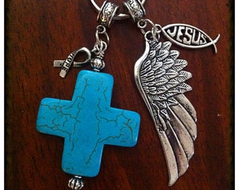 Christian Keychain, Cowgirl Keychain, Cancer Awareness Keychain,Turquoise Cross Keychain, Cross Key Chain with Angel Wings Charm