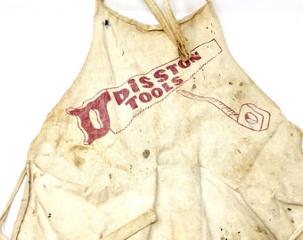 Vintage canvas Disston Tools work shop apron saw tape measure design well used
