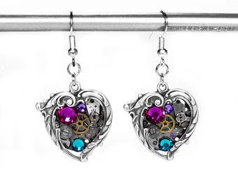 Steampunk Jewelry Earrings Vintage Watch Silver ORNATE HEART Rose Turquoise Crystal Wedding Anniversary Mothers Day - Jewelry by edmdesigns