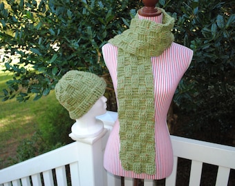 Scarf and Beanie Set, Crochet Scarf and Beanie, Basketweave look, Green, SageTweed