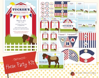 Custom Navy and Red Horse Birthday Party Printables Package